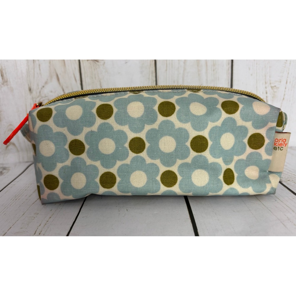 Orla Kiely etc Blue Floral Canvas Cosmetic Bag Makeup Pouch with Orange Pull
